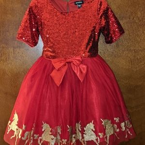 Toddler Girl Red Sequence Christmas Dress With Gold Unicorns